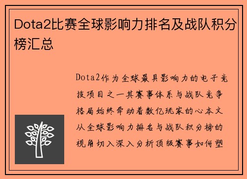 Dota2比赛全球影响力排名及战队积分榜汇总