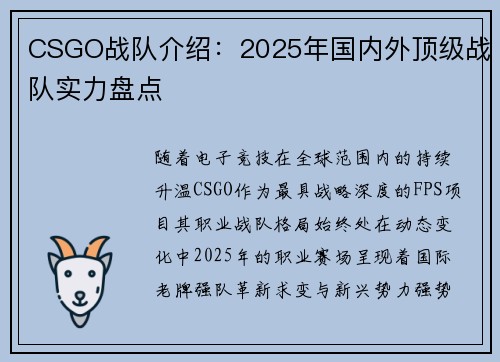 CSGO战队介绍：2025年国内外顶级战队实力盘点