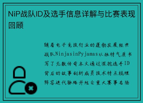 NiP战队ID及选手信息详解与比赛表现回顾