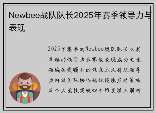 Newbee战队队长2025年赛季领导力与表现