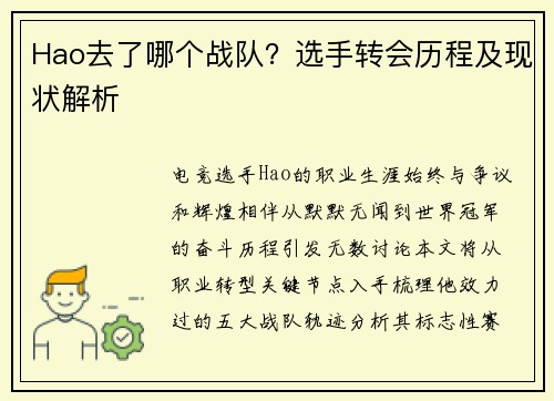 Hao去了哪个战队？选手转会历程及现状解析